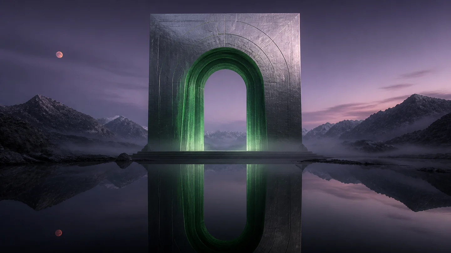 A luminous portal reflected in still water.