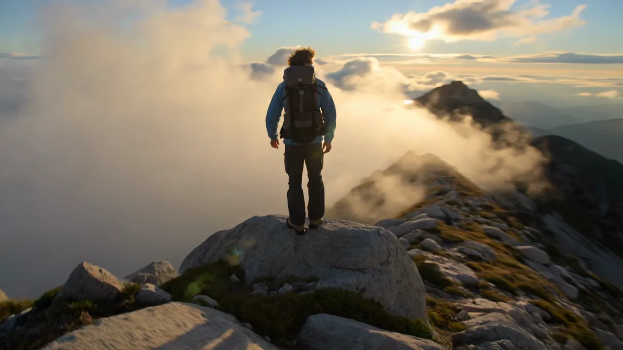 Sunlit mountains above a sea of clouds.